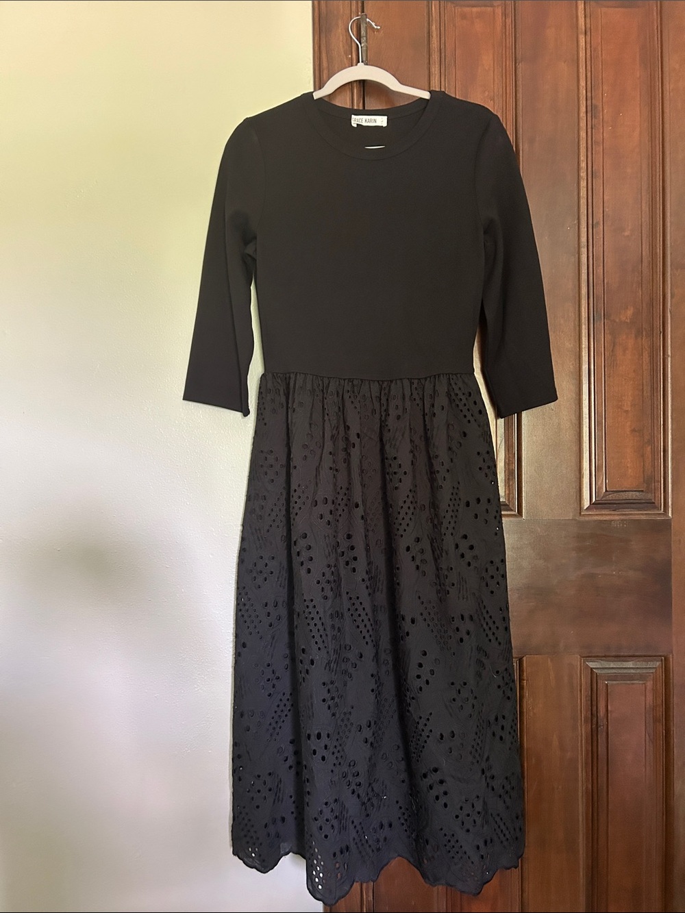 GRACE KARIN NWOT Pure Black Eyelet Midi Dress - WITH POCKETS